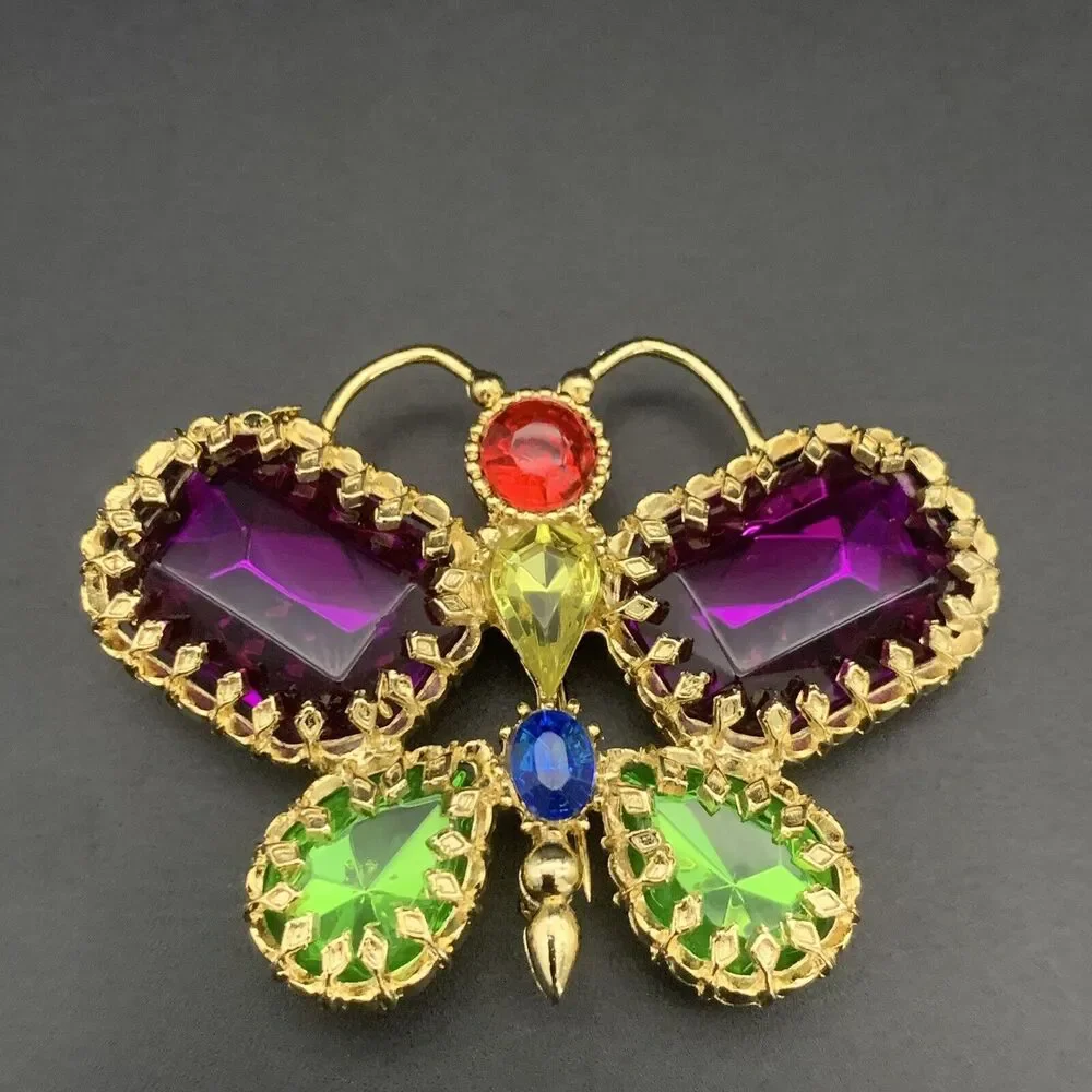 Vintage Rhinestone Butterfly Brooch Gold Tone Purple Green Red Yellow Blue